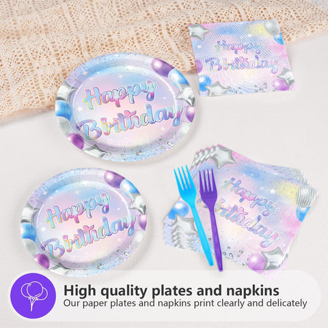 96 Pcs Blue Iridescent Birthday Party Plates and Napkins - Grencian
