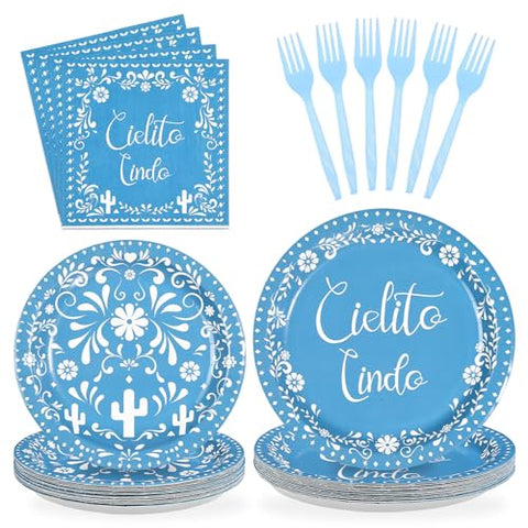 96 Pcs Blue Mexican Baby Shower Party Plates and Napkins - Grencian