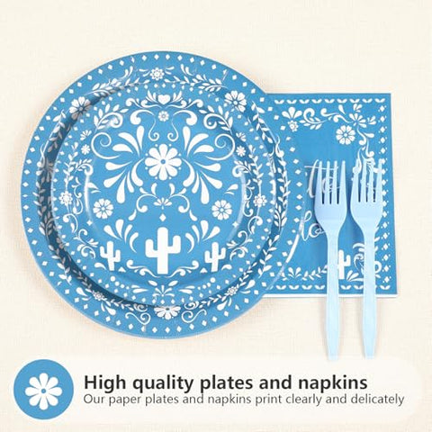 96 Pcs Blue Mexican Baby Shower Party Plates and Napkins - Grencian