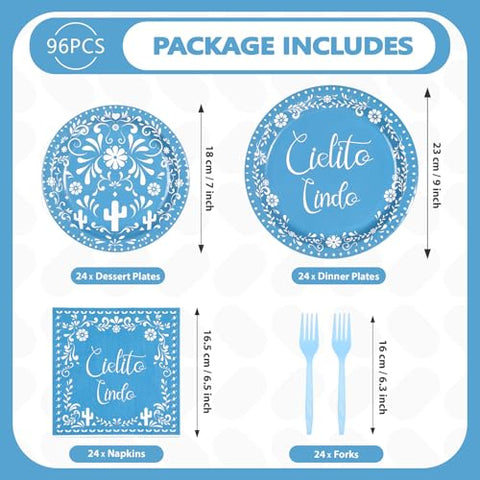 96 Pcs Blue Mexican Baby Shower Party Plates and Napkins - Grencian