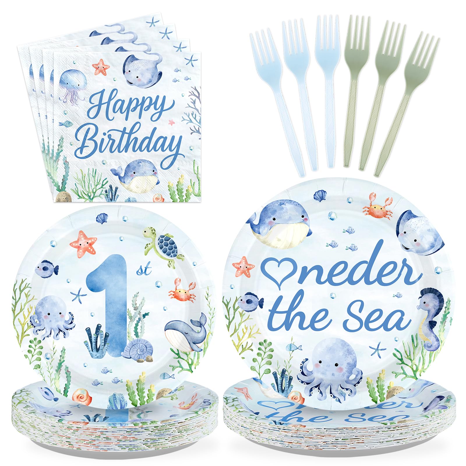 96 Pcs Blue Ocean 1st Birthday Party Plates and Napkins - Grencian
