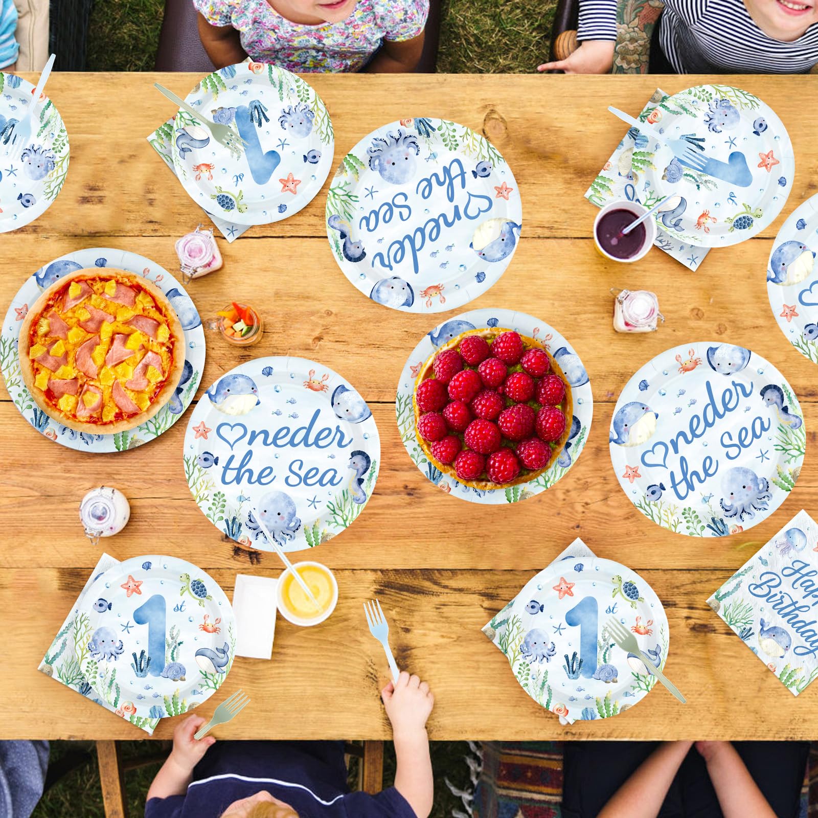 96 Pcs Blue Ocean 1st Birthday Party Plates and Napkins - Grencian