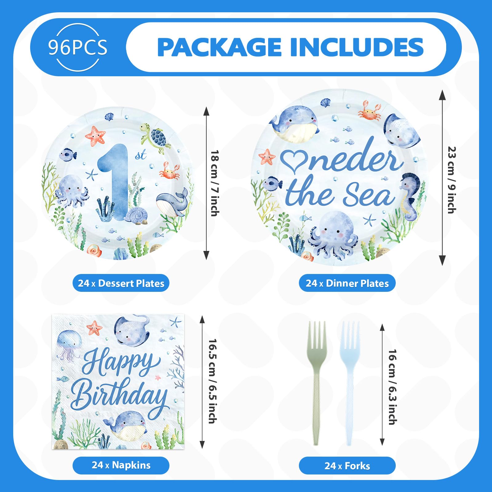 96 Pcs Blue Ocean 1st Birthday Party Plates and Napkins - Grencian