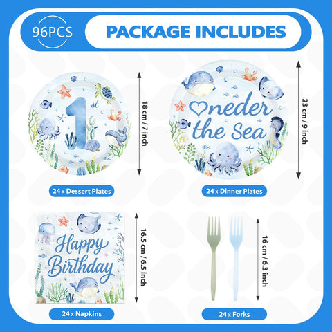 96 Pcs Blue Ocean 1st Birthday Party Plates and Napkins - Grencian