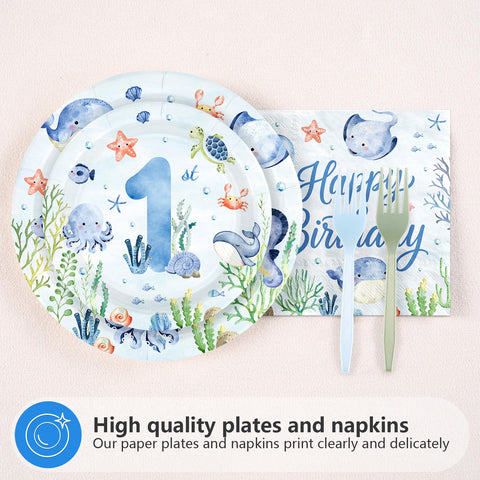 96 Pcs Blue Ocean 1st Birthday Party Plates and Napkins - Grencian