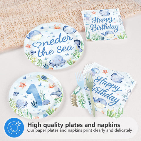 96 Pcs Blue Ocean 1st Birthday Party Plates and Napkins - Grencian
