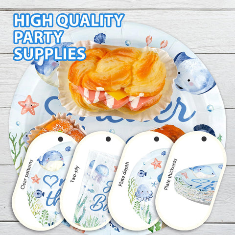 96 Pcs Blue Ocean 1st Birthday Party Plates and Napkins - Grencian