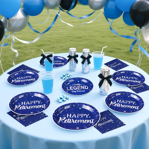 96 Pcs Blue Happy Retirement Party Plates and Napkins - Grencian