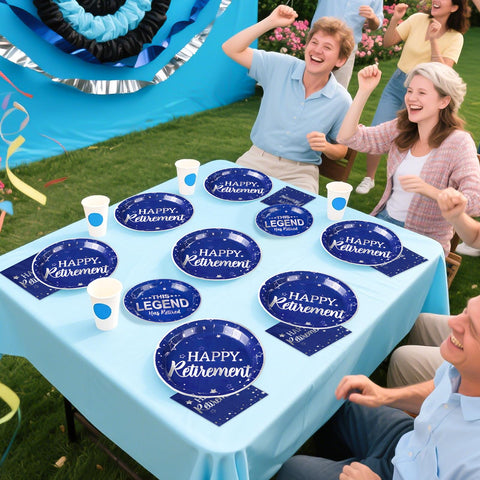 96 Pcs Blue Happy Retirement Party Plates and Napkins - Grencian