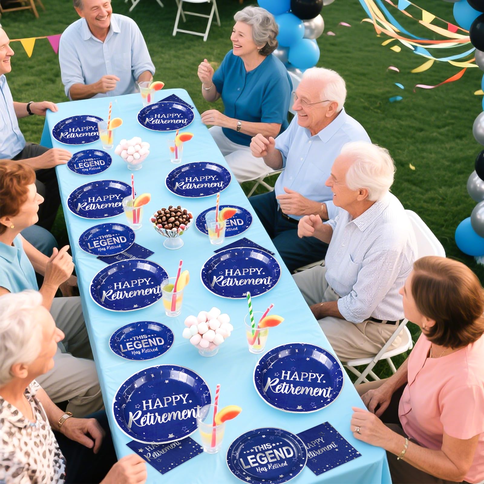 96 Pcs Blue Happy Retirement Party Plates and Napkins - Grencian