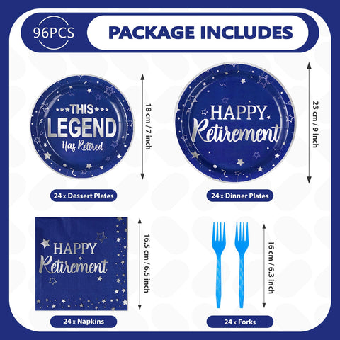 96 Pcs Blue Happy Retirement Party Plates and Napkins - Grencian