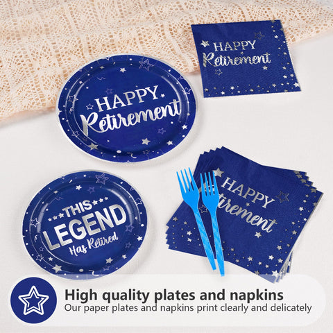 96 Pcs Blue Happy Retirement Party Plates and Napkins - Grencian