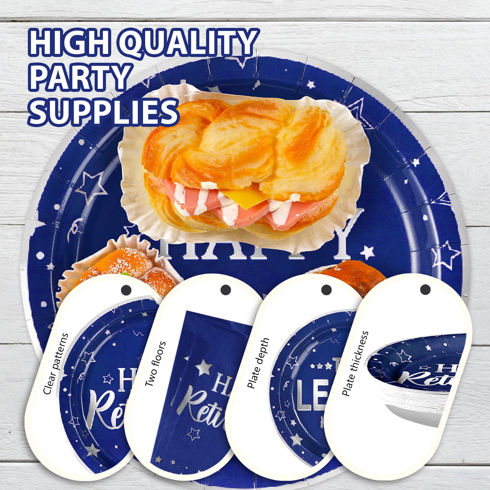 96 Pcs Blue Happy Retirement Party Plates and Napkins - Grencian