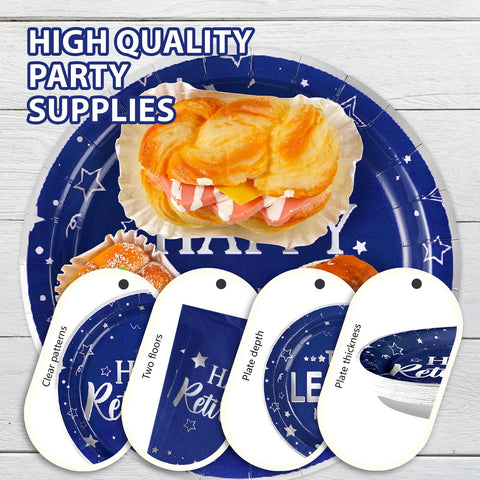 96 Pcs Blue Happy Retirement Party Plates and Napkins - Grencian