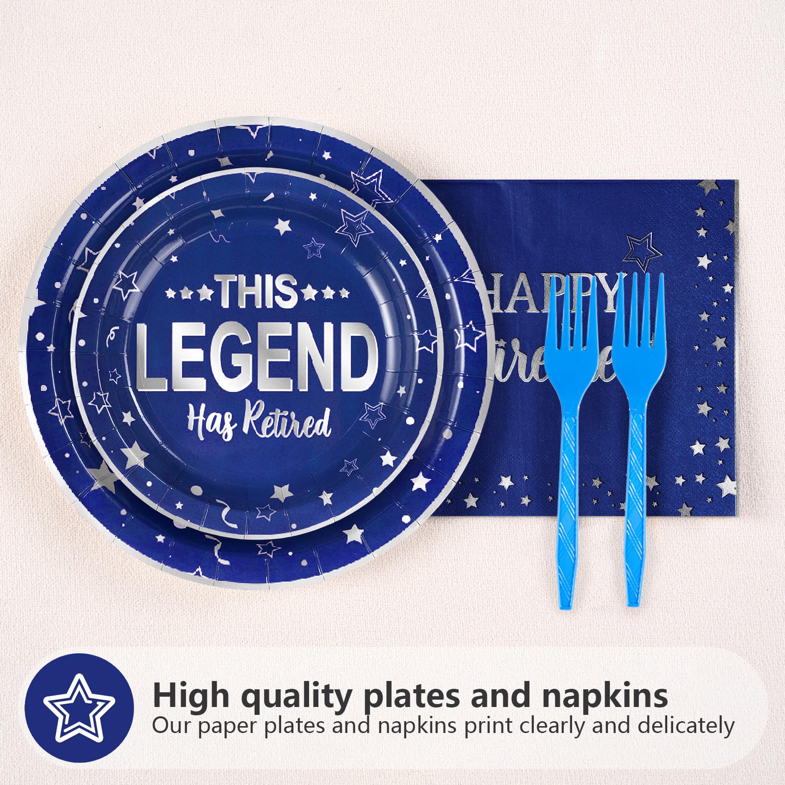 96 Pcs Blue Happy Retirement Party Plates and Napkins - Grencian