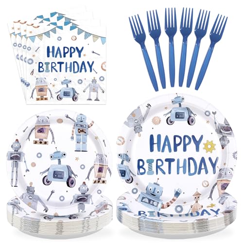 96 Pcs Blue Robot Birthday Party Plates and Napkins - Grencian