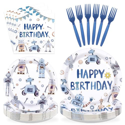 96 Pcs Blue Robot Birthday Party Plates and Napkins - Grencian