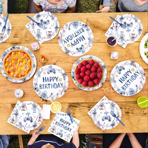96 Pcs Blue Robot Birthday Party Plates and Napkins - Grencian