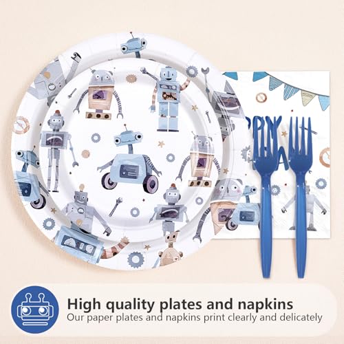 96 Pcs Blue Robot Birthday Party Plates and Napkins - Grencian