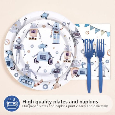 96 Pcs Blue Robot Birthday Party Plates and Napkins - Grencian