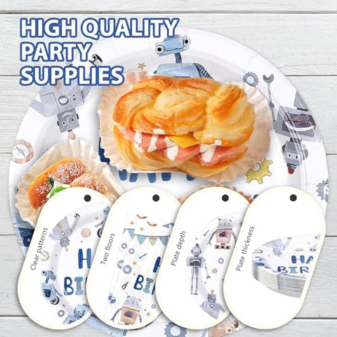 96 Pcs Blue Robot Birthday Party Plates and Napkins - Grencian