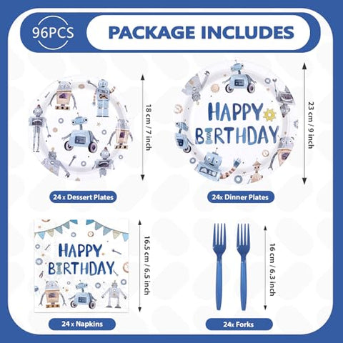 96 Pcs Blue Robot Birthday Party Plates and Napkins - Grencian
