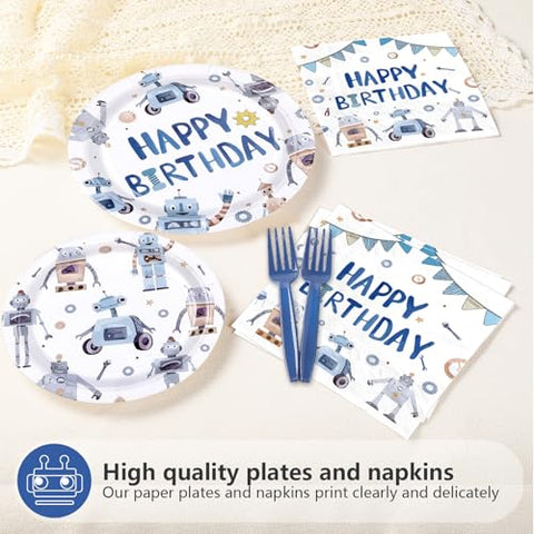 96 Pcs Blue Robot Birthday Party Plates and Napkins - Grencian