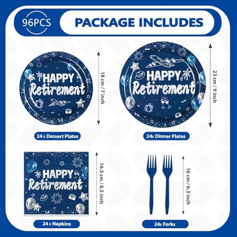96 Pcs Blue Silver Retirement Party Plates and Napkins - Grencian