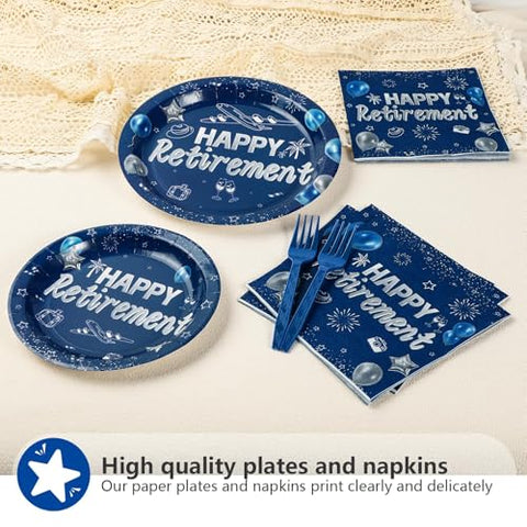 96 Pcs Blue Silver Retirement Party Plates and Napkins - Grencian
