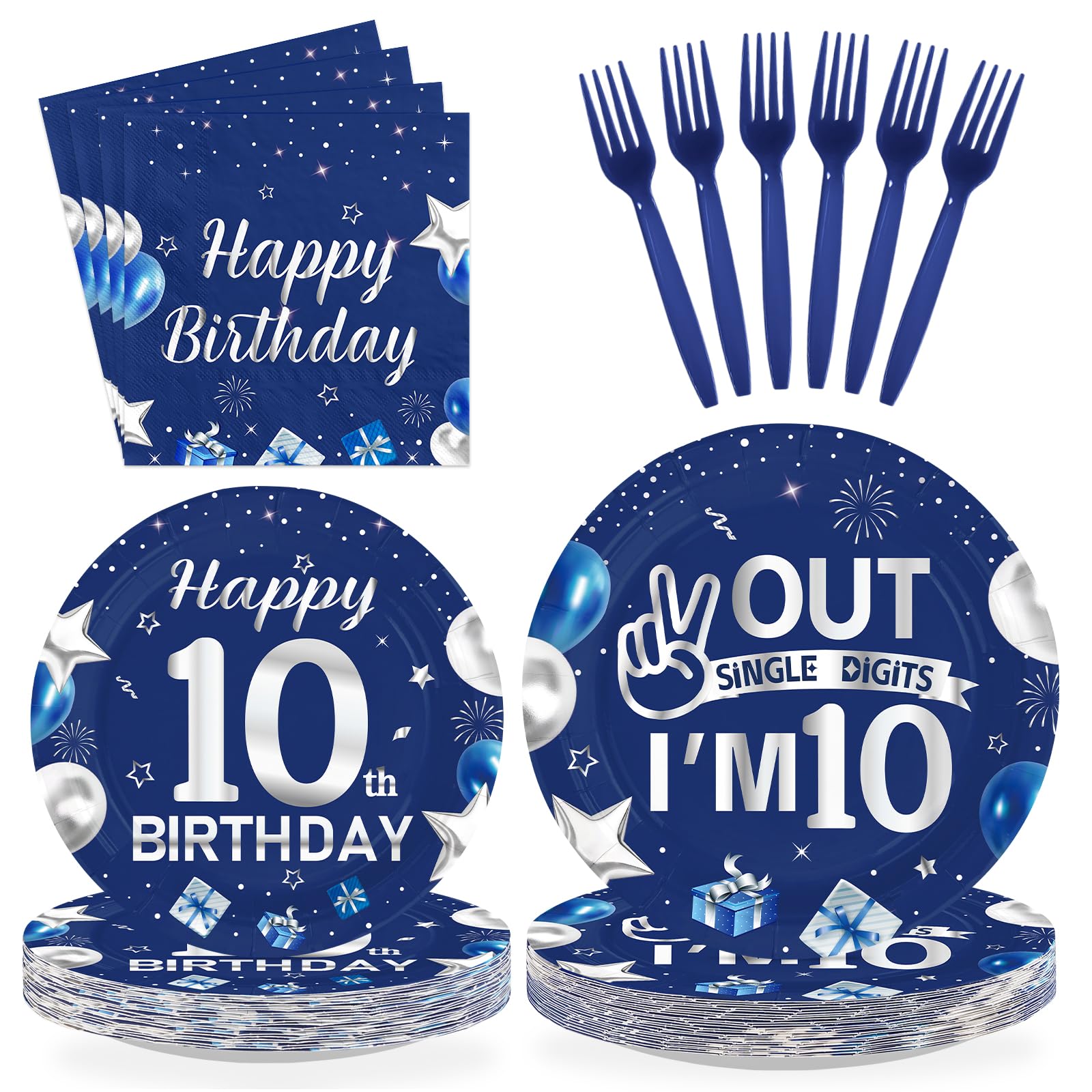 96 Pcs Blue Sliver 10th Birthday Party Plates and Napkins - Grencian