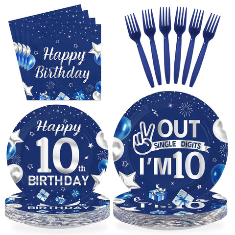 96 Pcs Blue Sliver 10th Birthday Party Plates and Napkins - Grencian