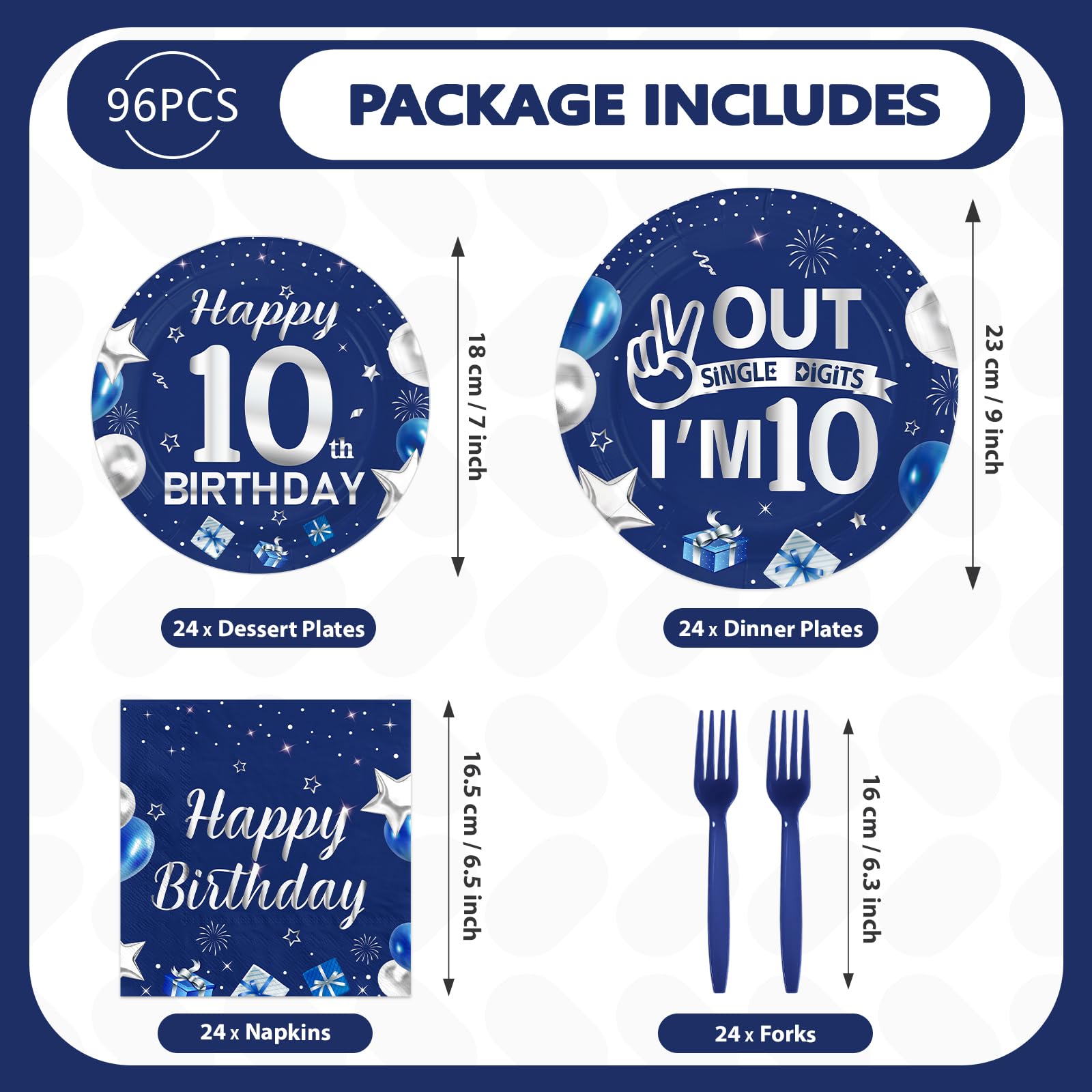 96 Pcs Blue Sliver 10th Birthday Party Plates and Napkins - Grencian