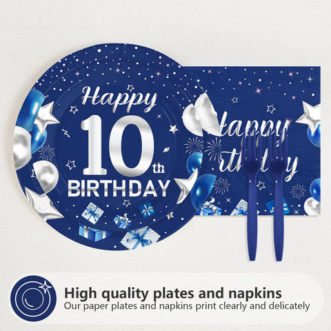 96 Pcs Blue Sliver 10th Birthday Party Plates and Napkins - Grencian