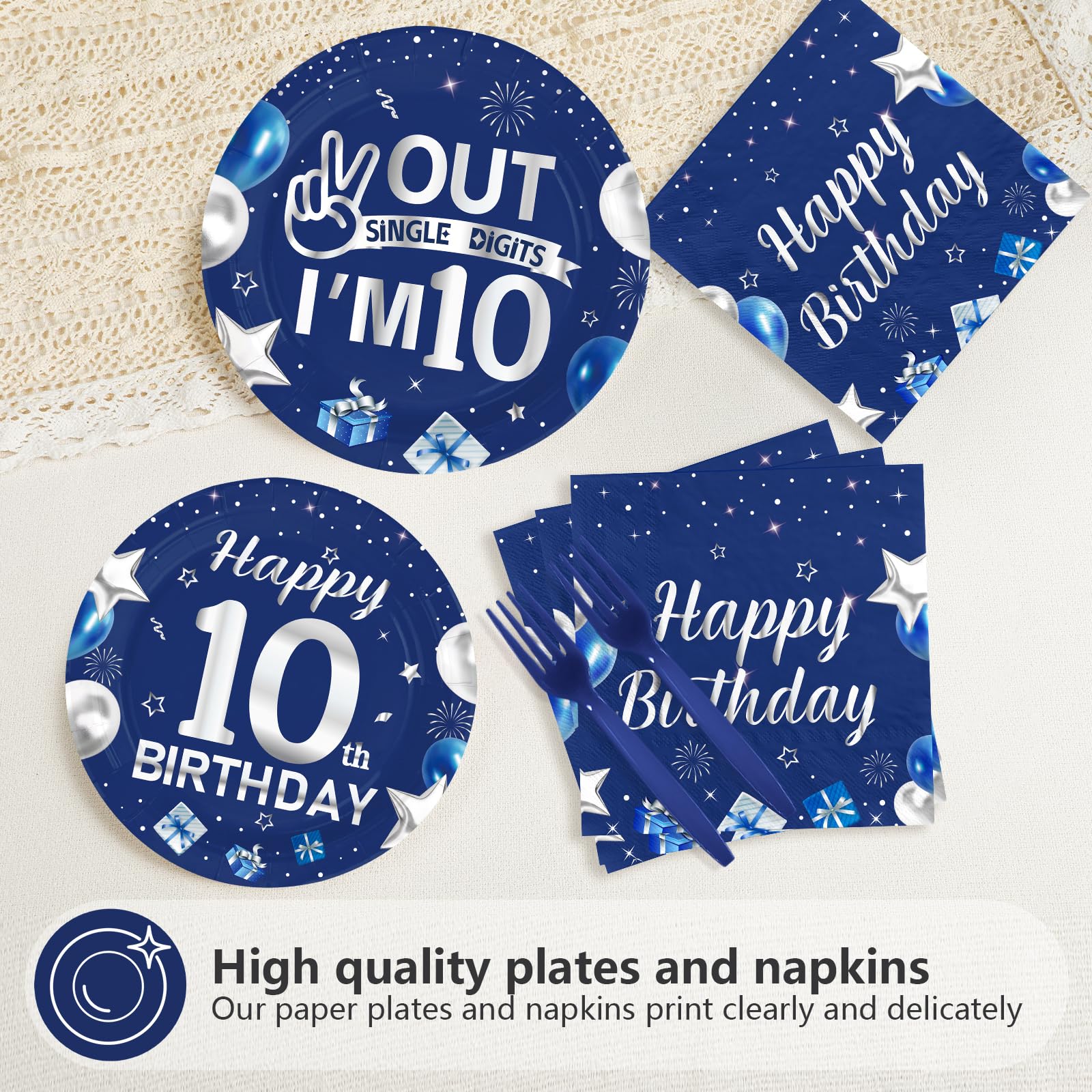 96 Pcs Blue Sliver 10th Birthday Party Plates and Napkins - Grencian