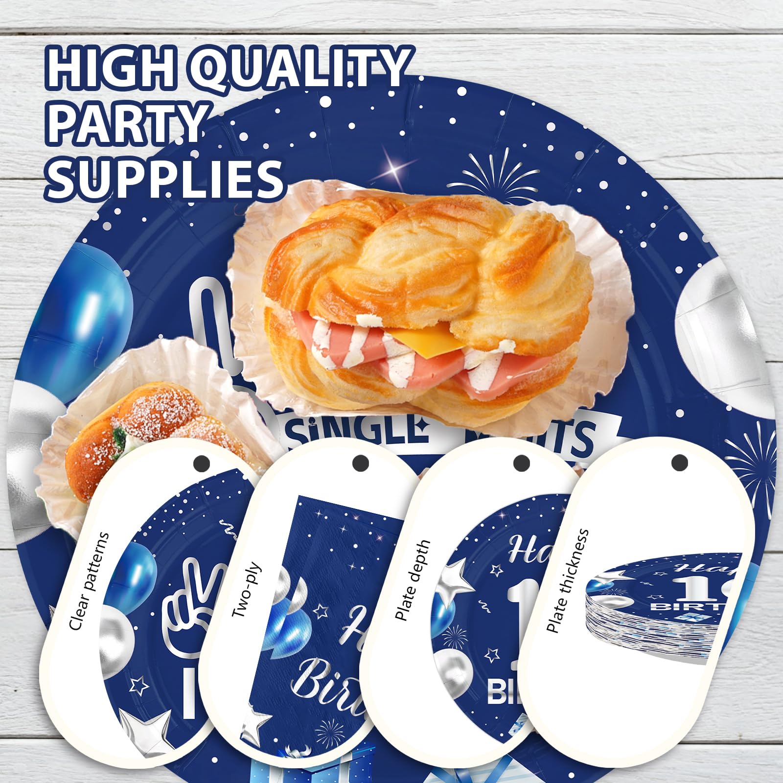 96 Pcs Blue Sliver 10th Birthday Party Plates and Napkins - Grencian