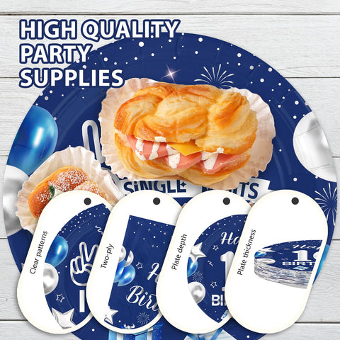 96 Pcs Blue Sliver 10th Birthday Party Plates and Napkins - Grencian