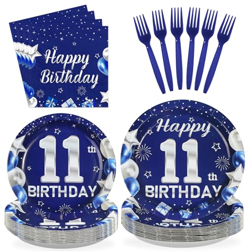 96 Pcs Blue Sliver 11th Birthday Party Plates and Napkins - Grencian