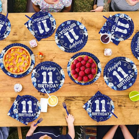 96 Pcs Blue Sliver 11th Birthday Party Plates and Napkins - Grencian
