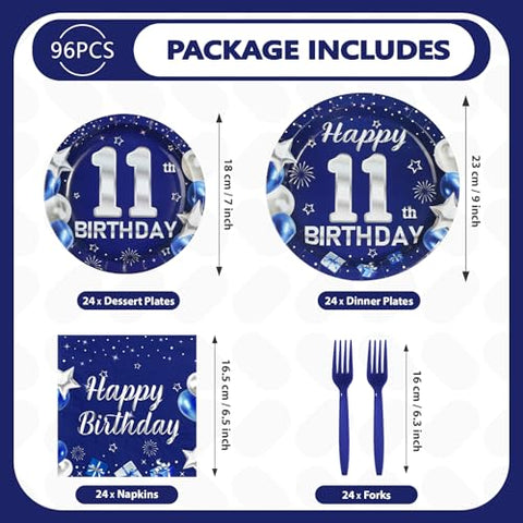 96 Pcs Blue Sliver 11th Birthday Party Plates and Napkins - Grencian