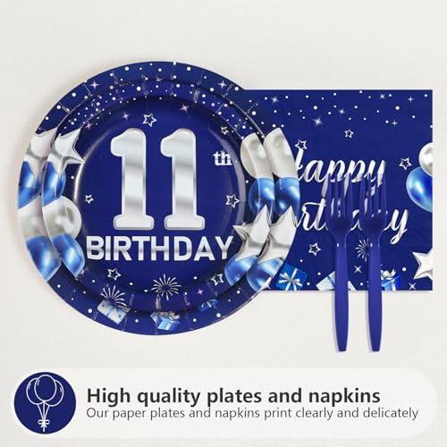 96 Pcs Blue Sliver 11th Birthday Party Plates and Napkins - Grencian