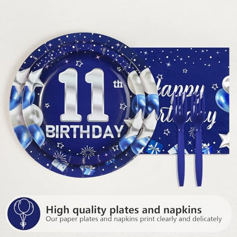 96 Pcs Blue Sliver 11th Birthday Party Plates and Napkins - Grencian
