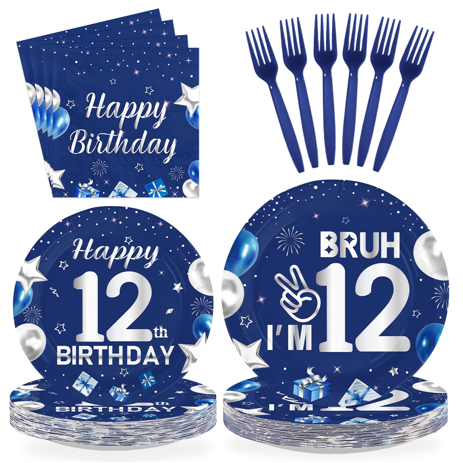 96 Pcs Blue Sliver 12th Birthday Party Plates and Napkins - Grencian