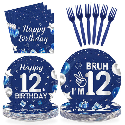 96 Pcs Blue Sliver 12th Birthday Party Plates and Napkins - Grencian