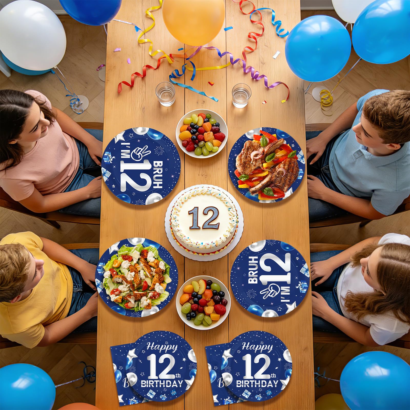 96 Pcs Blue Sliver 12th Birthday Party Plates and Napkins - Grencian