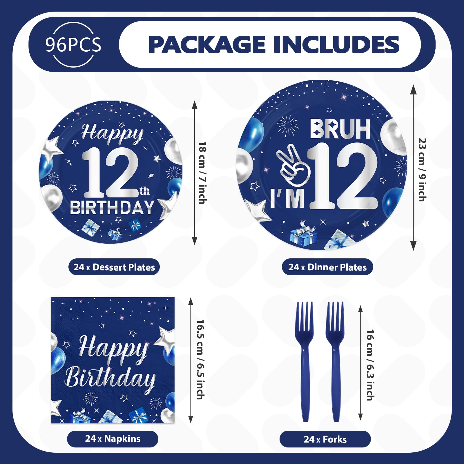 96 Pcs Blue Sliver 12th Birthday Party Plates and Napkins - Grencian