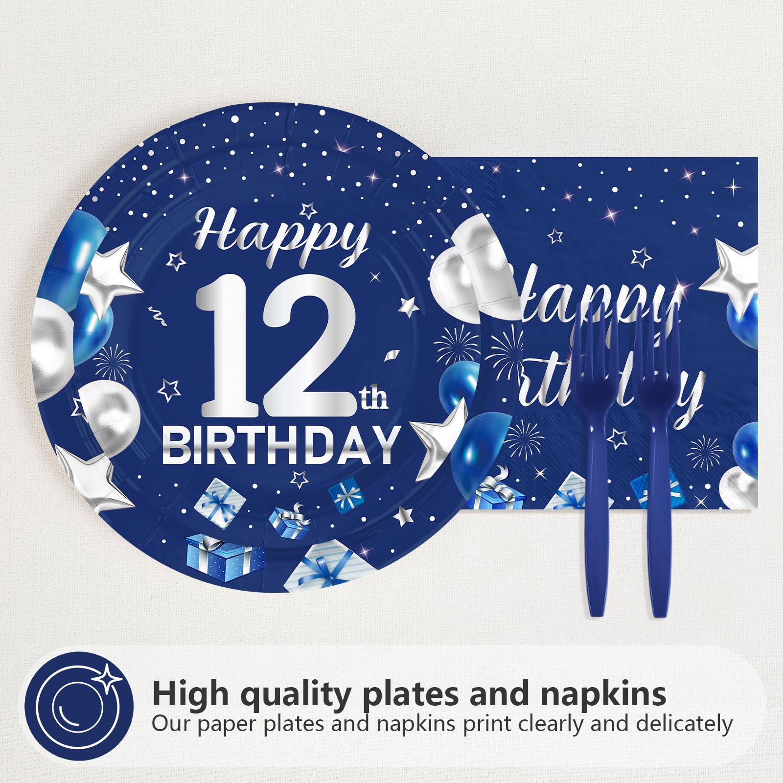96 Pcs Blue Sliver 12th Birthday Party Plates and Napkins - Grencian