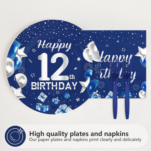 96 Pcs Blue Sliver 12th Birthday Party Plates and Napkins - Grencian