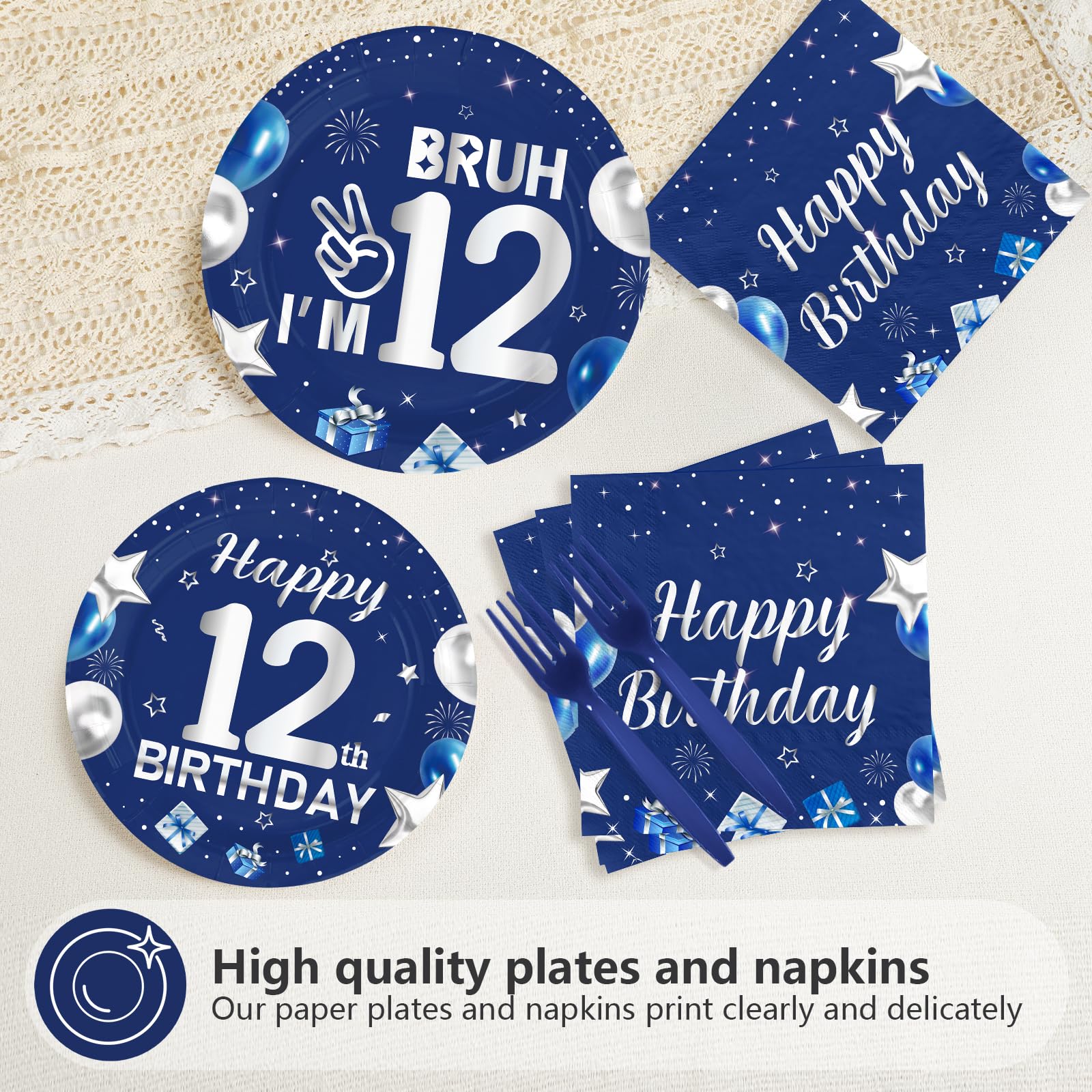 96 Pcs Blue Sliver 12th Birthday Party Plates and Napkins - Grencian