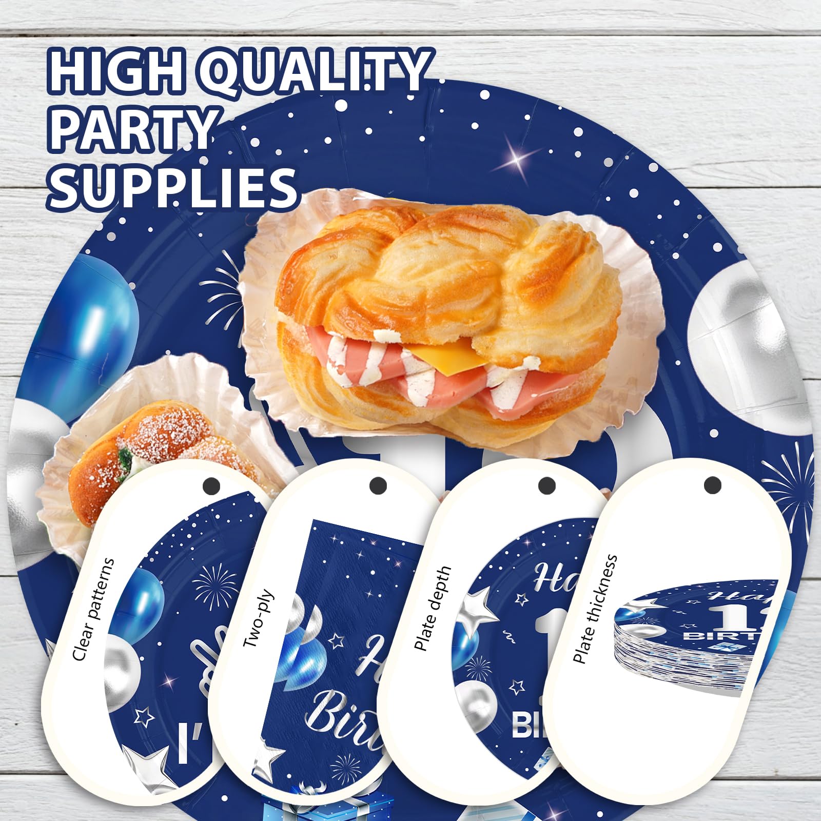 96 Pcs Blue Sliver 12th Birthday Party Plates and Napkins - Grencian