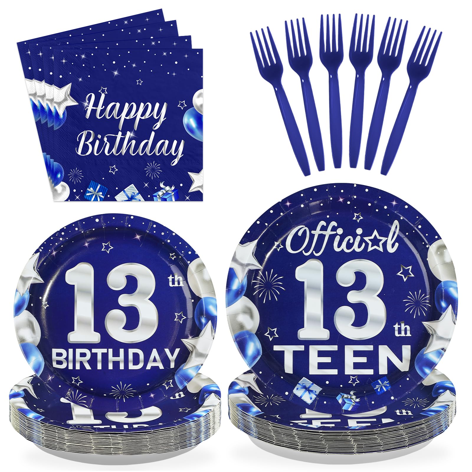 96 Pcs Blue Sliver 13th Birthday Party Plates and Napkins - Grencian